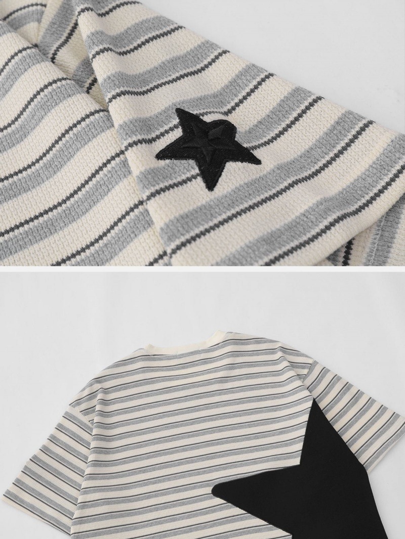 T Shirts Aelfric Eden Star Patchwork Stripe Tee Grise | NAW-88921784